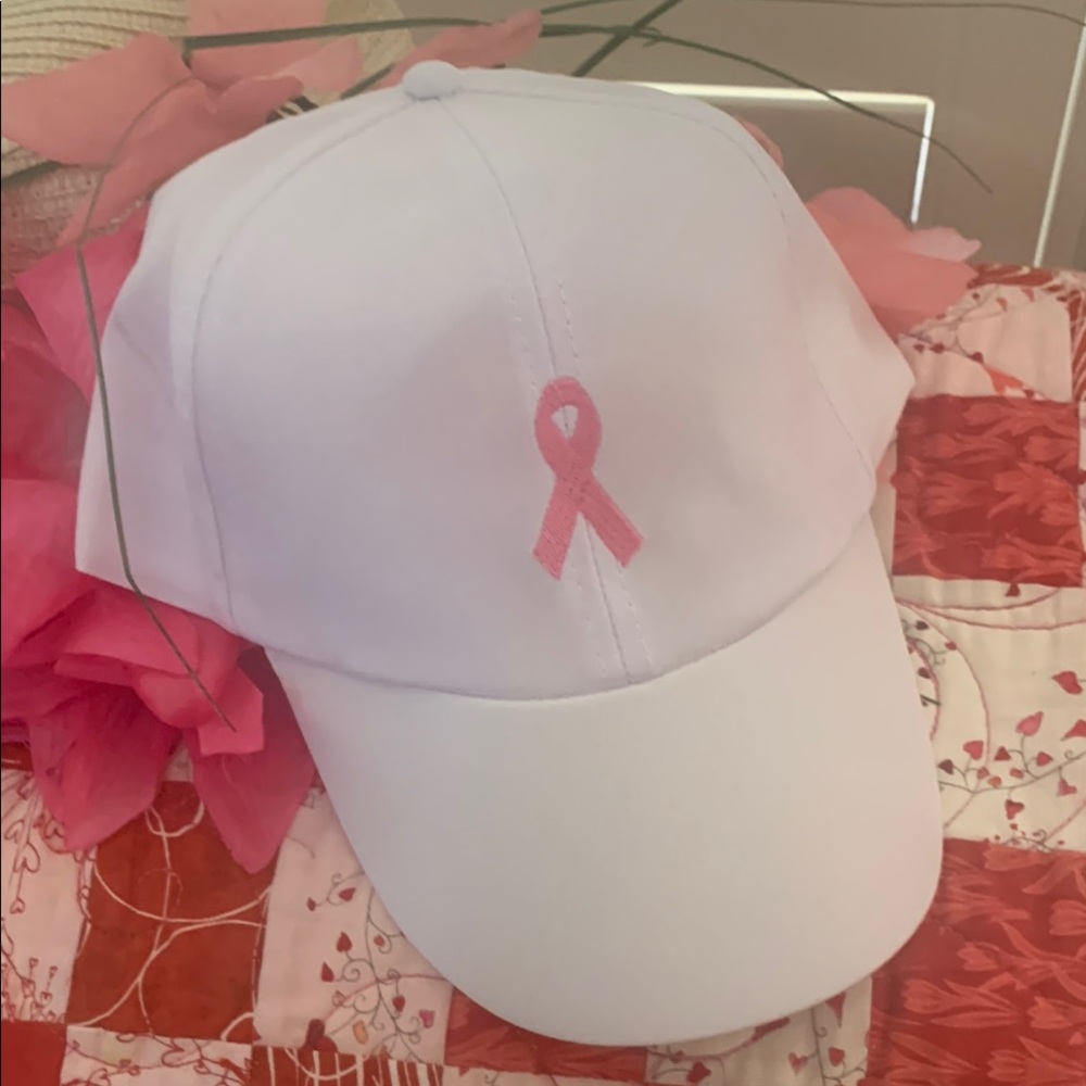 White Cap with Pink Ribbon Embroidery
